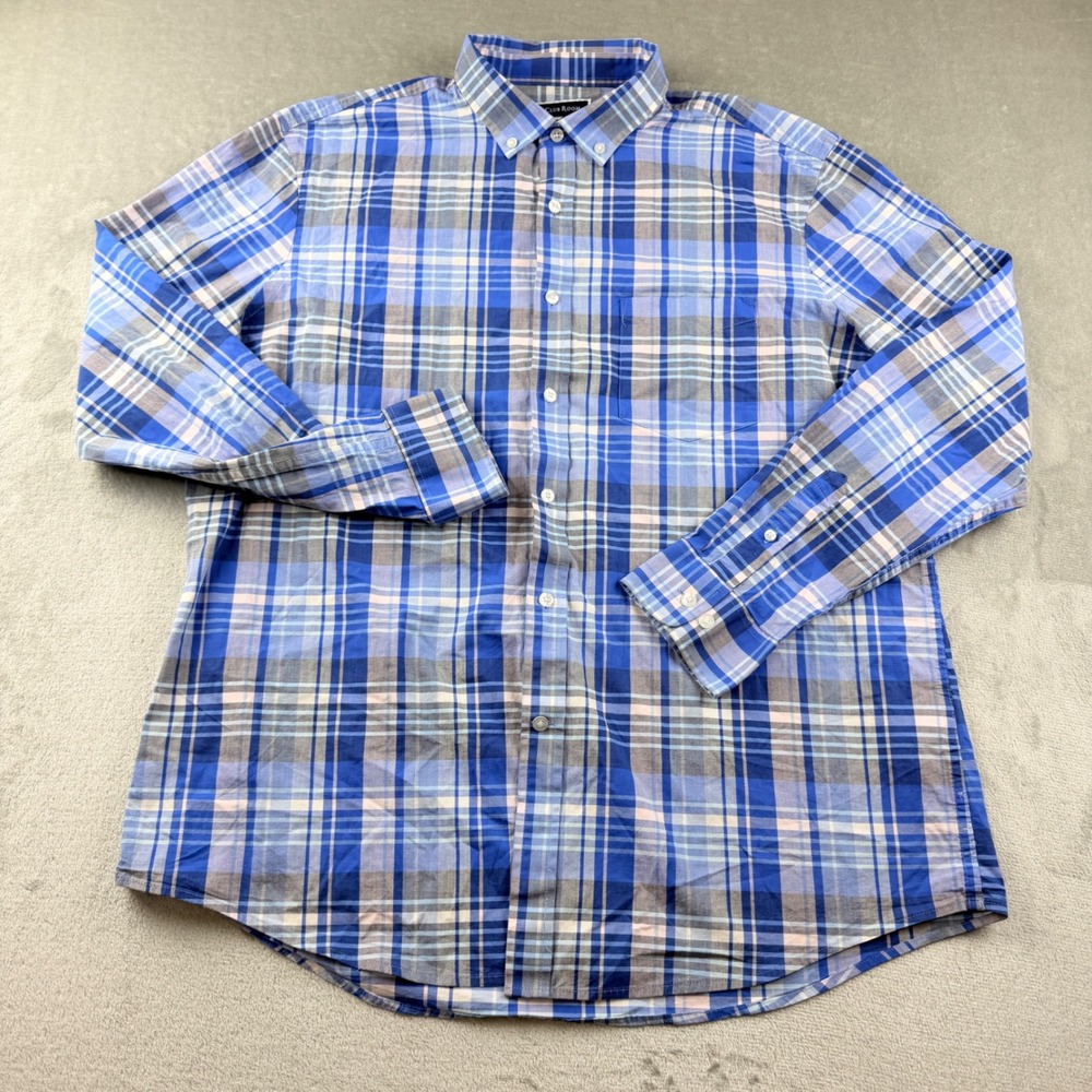 Club Room Men's XL Button Down Shirt Blue Plaid Long Sleeve Stretch